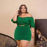 EVE Plus Size Solid Slash Neck Crop Top Mini Skirt Sets PHF-13285