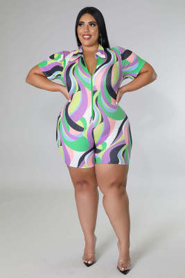 EVE Plus Size Printed Short Sleeve Zipper Romper BYMF-60805