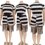 EVE Plus Size Striped Tassel Two Piece Shorts Sets WPF-80658