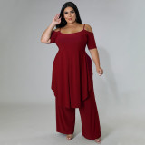 EVE Plus Size Solid Irregular Top And Pants 2 Piece Sets NNWF-7525
