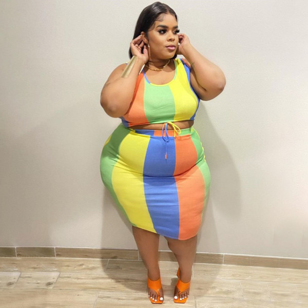 EVE Plus Size Colorful Print Sleeveless 2 Piece Skirt Sets NNWF-7496