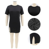 EVE Solid Color Round Neck Hem Slit Short Sleeve Fashion Dress SFY-2173