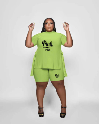 EVE Plus Size Pink Letter Print Split Top And Shorts Sets OUQF-205
