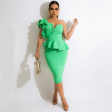 EVE Sexy One Shoulder Ruffle Slim Midi Skirts Two Piece Sets MEI-9263