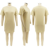 EVE Solid Color Round Neck Hem Slit Short Sleeve Fashion Dress SFY-2173