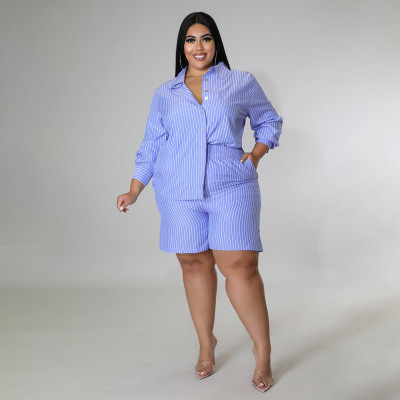 EVE Plus Size Striped Long Sleeve Shirt And Shorts Sets BMF-099