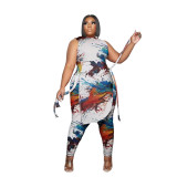 EVE Plus Size Printed Sleeveless Split Two Piece Pants Sets PHF-13278
