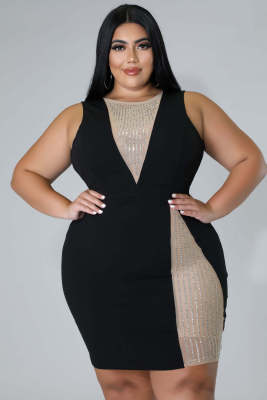 EVE Plus Size Hot Drilling Mesh Patchwork Bodycon Dress OSM2-5303