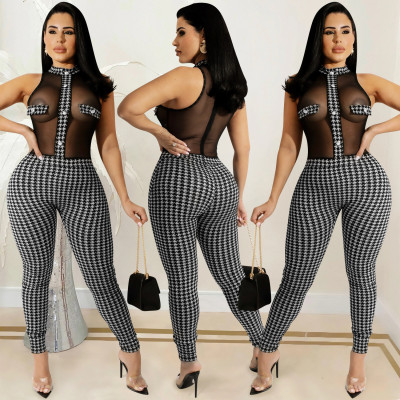 EVE Houndstooth Print Mesh Bodysuit+Pants 2 Piece Sets BY-5713