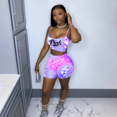 EVE Plus Size Pink Letter Print Two Piece Shorts Sets NSFF-81890