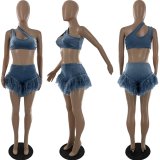 EVE Sexy Cropped Tank Top+Feather Shorts 2 Piece Sets LP-66339