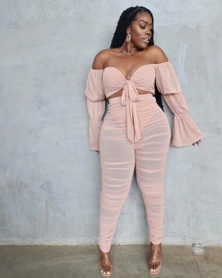 EVE Plus Size Solid Ruched Long Sleeve 2 Piece Pants Sets JCF-7093
