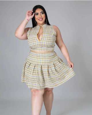 EVE Plus Size Plaid Sleeveless Pleated Mini Skirt 2 Piece Sets MIF-9088