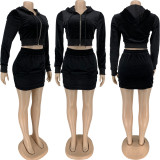 EVE Velvet Hooded Long Sleeve Mini Skirt 2 Piece Sets FNN-8679