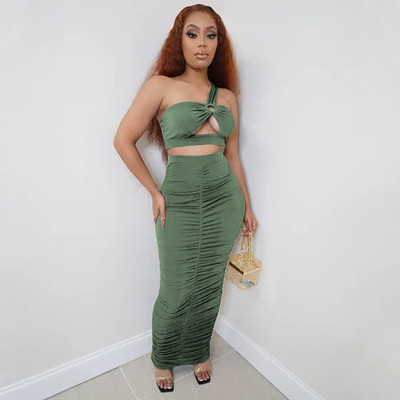 EVE Solid One Shoulder Ruched Maxi Skirt Two Piece Sets YF-9880