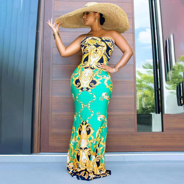 EVE Plus Size Retro Print Strapless Maxi Dress WPF-80688