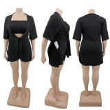 EVE Plus Size Solid Tube Top+Colak Coat+Shorts 3 Piece Sets PHF-13286