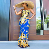 EVE Plus Size Retro Print Strapless Maxi Dress WPF-80688