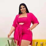EVE Plus Size Solid Tube Top+Colak Coat+Shorts 3 Piece Sets PHF-13286