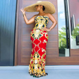 EVE Plus Size Retro Print Strapless Maxi Dress WPF-80688