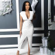 EVE Solid V Neck Ruched Hollow Out Split Maxi Dress PHF-13289