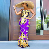 EVE Plus Size Retro Print Strapless Maxi Dress WPF-80688