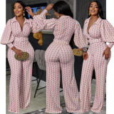 EVE Houndstooth Print V Neck Long Sleeve Belted 2 Piece Pants Sets BY-5792