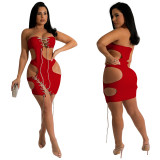 EVE Solid Color Tube Top Sexy Nightclub Hollow Tie Up Mini Dress YF-K10082