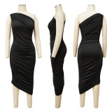 EVE Sexy Solid Color Sloping Shoulder Ruched Slim Dress YF-K10139