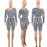 EVE Plus Size Striped Long Sleeve Two Piece Shorts Sets OY-6361