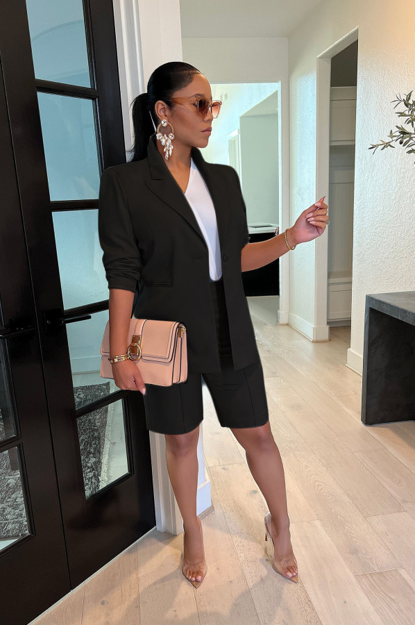 EVE Solid Long Sleeve Blazer Coat+Shorts 2 Piece Sets SFY-MM205