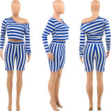 EVE Plus Size Striped Long Sleeve Two Piece Shorts Sets OY-6361