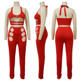 EVE Solid Color Hollow Halter Top And Pants Two Piece Sets YF-K10134