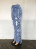 EVE Plus Size Denim Ripped Hole Lace-Up Jeans Pants LX-5522