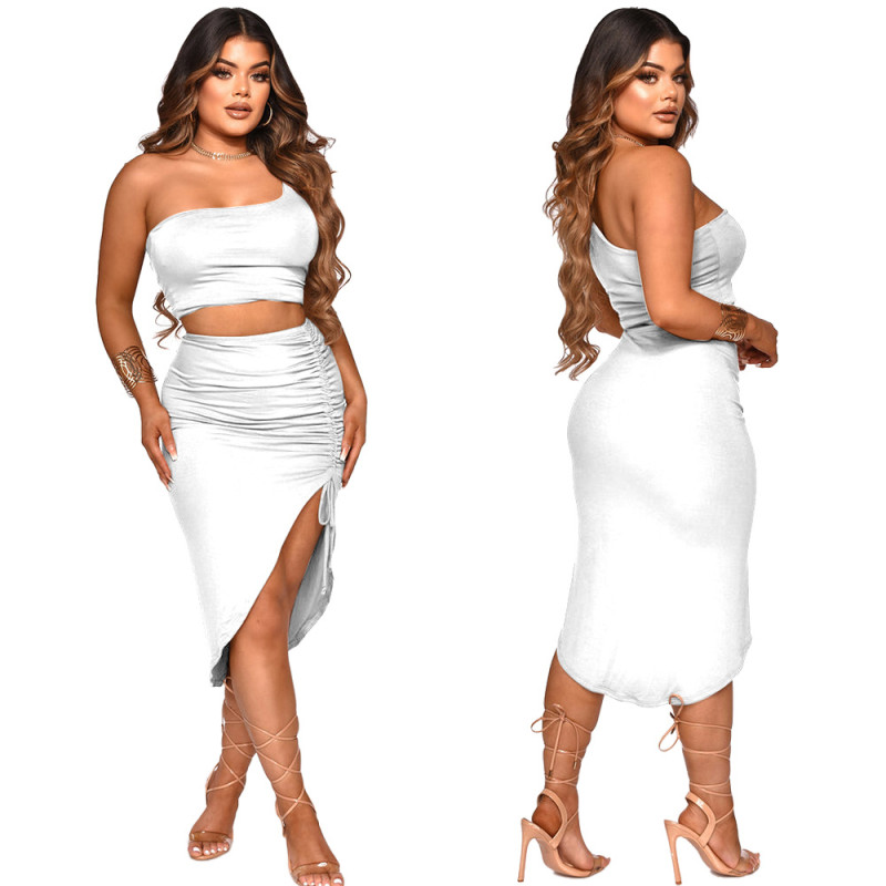 EVE Solid One Shoulder Smocked Skirts Two Piece Sets YF-K10066