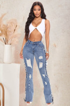 EVE Plus Size Denim Ripped Hole Lace-Up Jeans Pants LX-5522