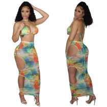 EVE Sexy Print Beach Bikini See-through Hollow Skirts Three Piece YF-K10121