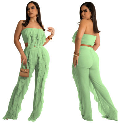 EVE Casual Solid Color Fungus Edge Tube Top And Pants 2 Piece Set YF-10069