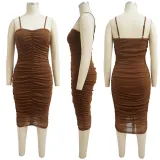 EVE Solid Color Sling Ruched Midi Dress YF-10054