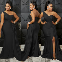 EVE Solid One Shoulder Split Maxi Evening Dress BY-5819