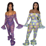 EVE Sexy Off Shoulder Print See Through Mesh Ruffle Jumpsuit YF-9519