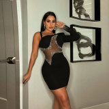 EVE Plus Size Hot Drilling Mesh One Shoulder Night Club Dress NY-2443