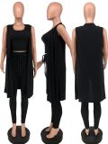 EVE Plus Size Solid Ribbed Tank+Sleeveless Coat+Pants 3 Piece Sets YH-5268