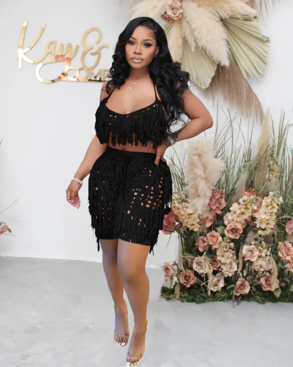 EVE Sexy Tassel Hollow Out Two Piece Shorts Sets NYF-8117