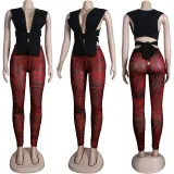 EVE Sexy Solid Tie Up Sleeveless Top Print Pants Two Piece Sets FSXF-F312