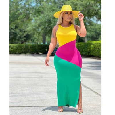 EVE Contrast Color Sleeveless Split Long Dress ORY-5232