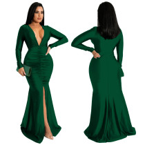 EVE Solid Color Sexy V-Neck Slit Evening Dress YF-10036