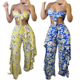 EVE Printed Wrap Chest Ruffled Wide-leg Pants Suit YF-9922