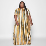 EVE Plus Size Casual Loose Print Short Sleeve Maxi Dress OSIF-22355