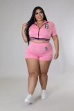 EVE Plus Size Casual Sports Letter Print Short Sleeve Zipper Top Shorts 2 Piece Set SLF-7055